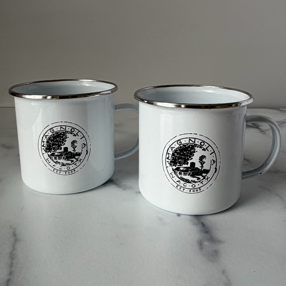 Magnolia White Enamel Metal Mugs - Set of 2 from Magnolia Market in Waco